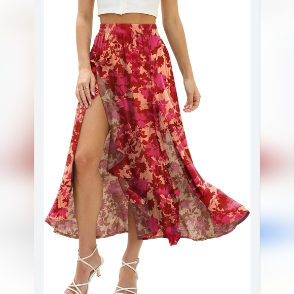 DEEP SELF Women Maxi Skirt for Summer Casual Ruffle Slit Elastic High Waist Flow - Picture 1 of 13